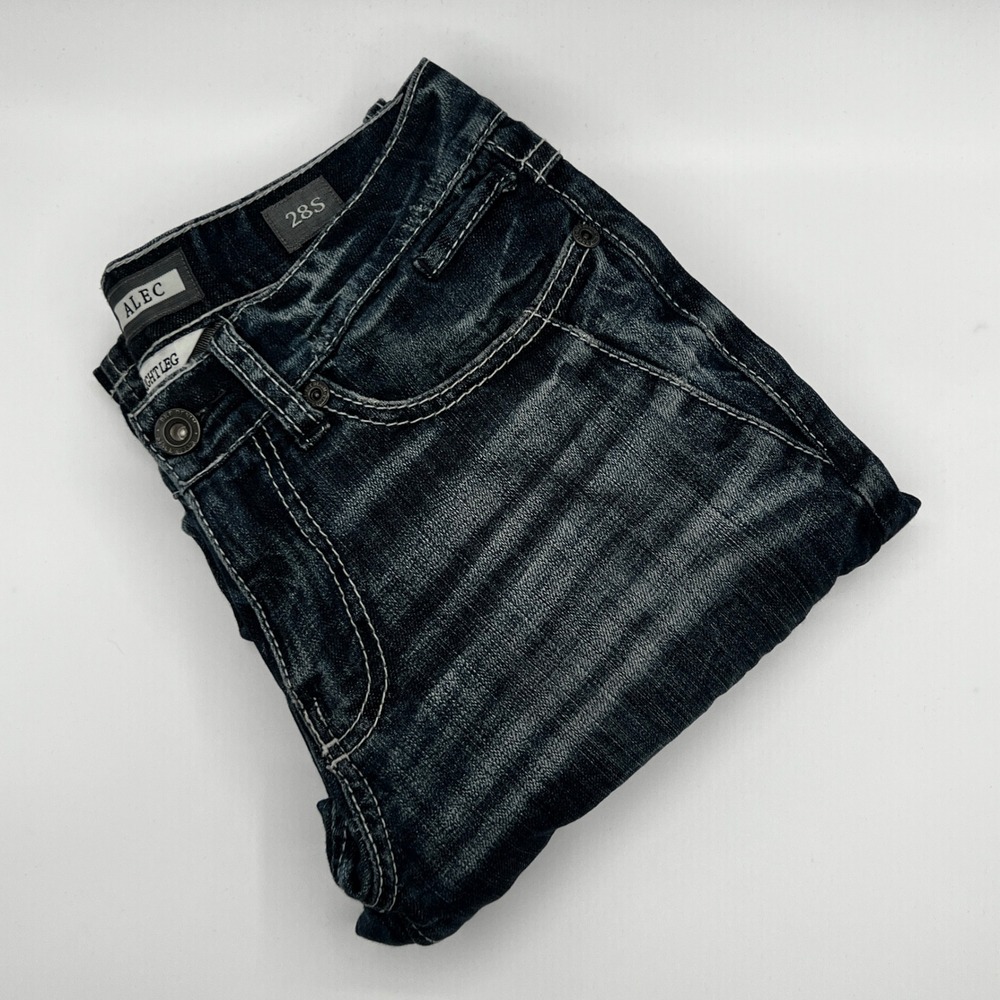 BKE Jeans Mens‎ 28S Alec Straight Leg Dark Wash Excellent Moto Biker Ribbed Knee